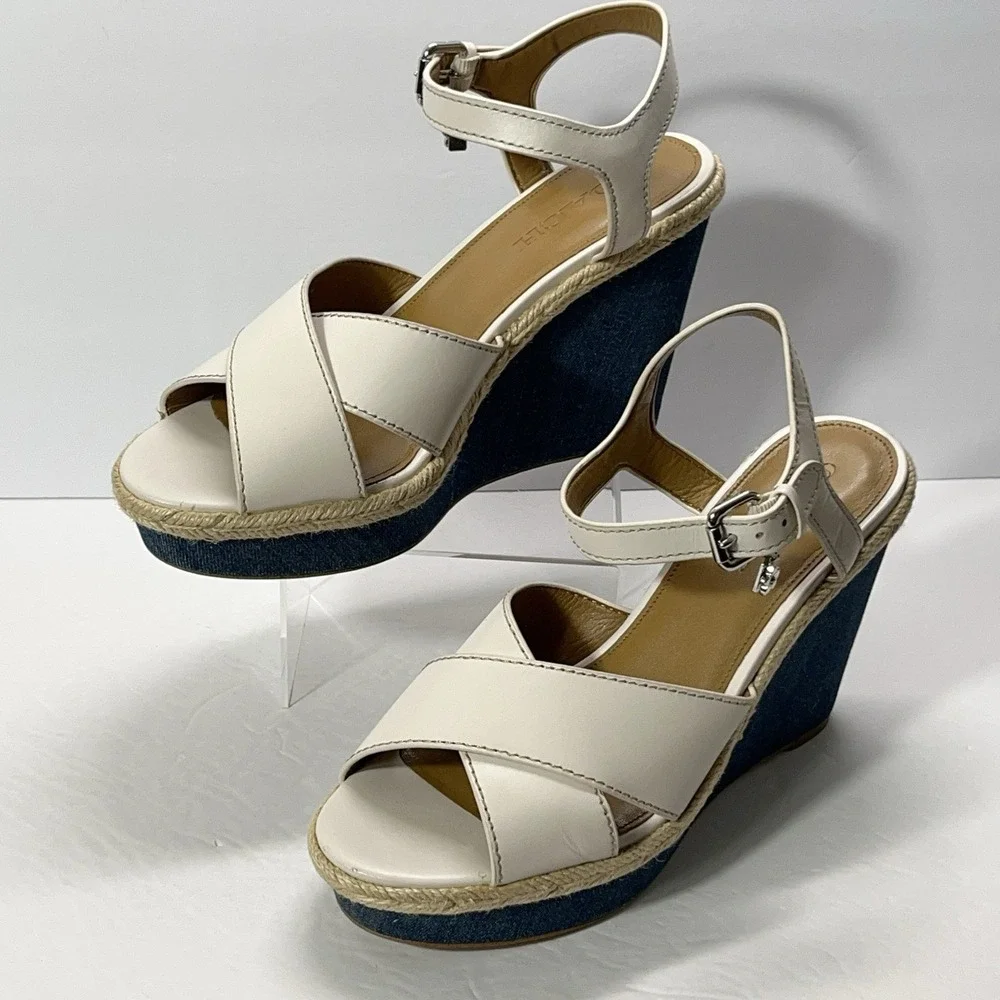 Coach Womens Eaton Chalk Ivory Leather Denim Wedge Platform Sandals Charm 9